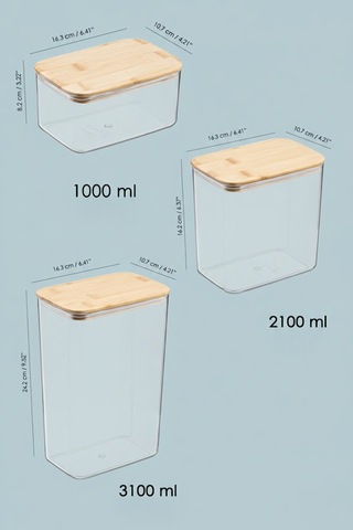 Bambu Kapaklı Dikdörtgen Hava Geçirmez Gıda Saklama Kabı Seti 3100 Ml + 2100 Ml + 1000 Ml Şeffaf