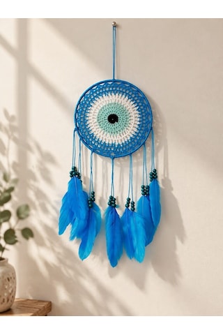 Nazar Motifli Düş Kapanı Rüya Kapanı Dream Catcher Mavi Tüylü Bohem Duvar Süsü Bohem El Yapımı Düş Kapanı 88315634