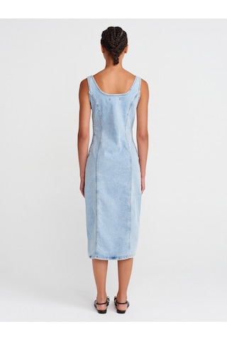 Dilvin 90565 Önü Derin Yırtmaçlı Denim Elbise-mavi Mavi