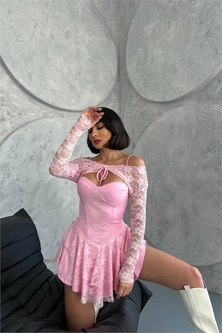 Dip Moda Kadın Bolero Detaylı Güpür Prenses Elbise Dpnbdf107 Pembe
