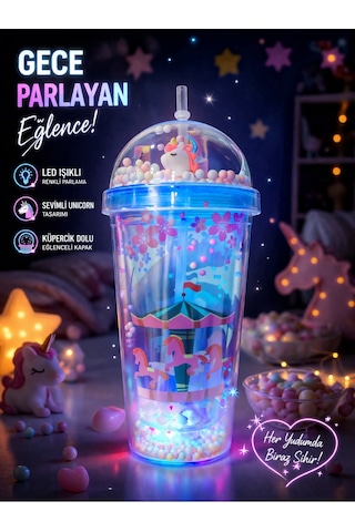 Renkli Boncuklu Sevimli Atlı Karınca Tasarım 450ml Led Işıklı Pipetli İçecek Bardağı Suluk Mavi 2649