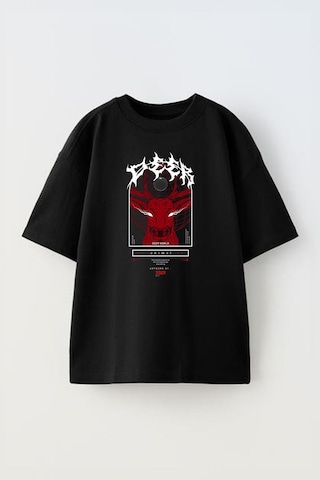 Thewert Unisex Şeytan Geyik Tasarım Baskılı Pamuk Sıyah Oversize T-shirt Siyah