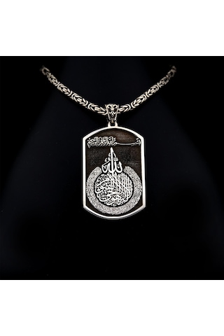 Fkgümüş Ayetel Kürsi Yazılı Madalyon Kolye ve Kral Zincir