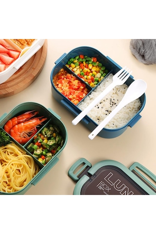 Taşınabilir Yemek Kabı Lunch Box 2 Katlı Diyet Beslenme Kutusu Saklama Kabı Çatal Kaşıklı Sefer Tası Açık Haki