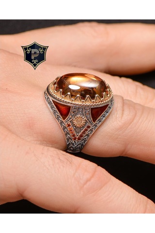 Gümüş Erkek Yüzük Şampanya Topaz Taşlı Zirkon Taş Süslemeli (537125177)
