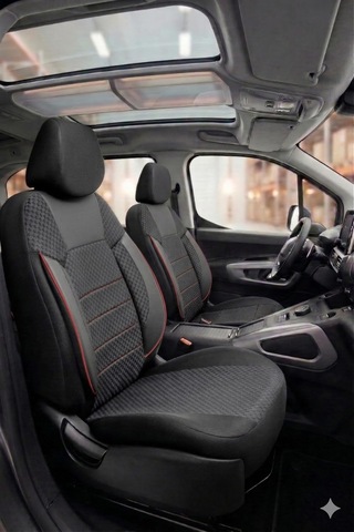 Peugeot Rifter İle Uyumlu Pamuklu Kumaş Araca Özel Oto Koltuk Kılıfı Tam Set Siyah Kırmızı