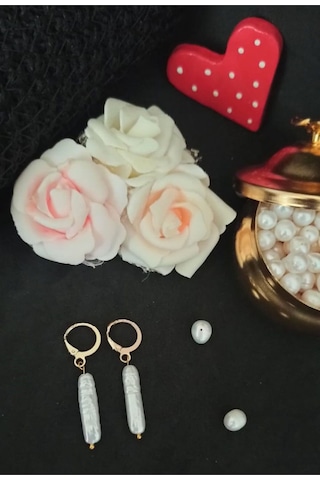 24k Altın Kaplama Eşsiz Uzun Gerçek İnci Tasarım Zarif Küpe Beyaz Gold