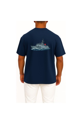 Bahriyeli Collection Oversize Tcg Bafra F505 Savaş Gemisi Cep Ve Sırt Tasarımlı Unisex T-shirt Lacivert