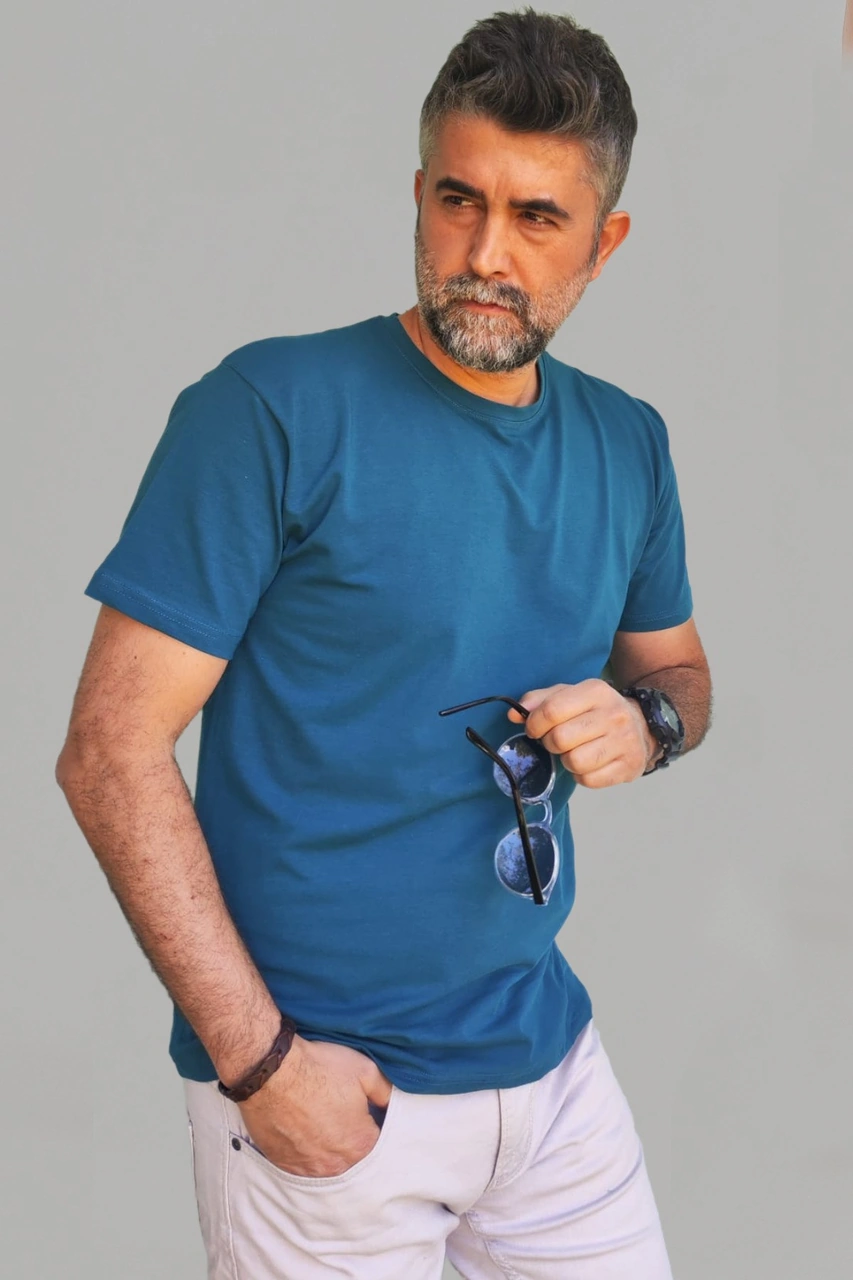 Erkek Beyaz-siyah-laci-bordo-petrol Mavi Slim Fit Bisiklet Yaka Pamuk Elastan 5'li Basic Tişört Vk-erkektişört-düz-5li