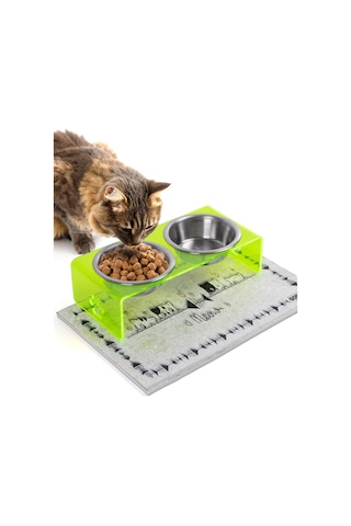 Gobypet 2'li Yeşil Pleksi Dekoratif Kedi Ve Köpek Seramik Mama & Su Kabı + Paspas