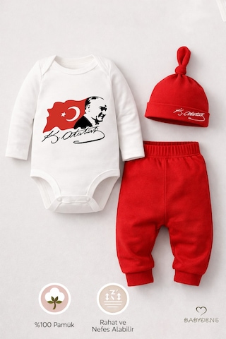 Babyden's Atatürk Baskılı 3 Lü Bebek Takımı %100 Pamuk Uzun Kollu Çıtçıtlı Body Pantolon Şapka Yenidoğan Seti Kırmızı - Beyaz