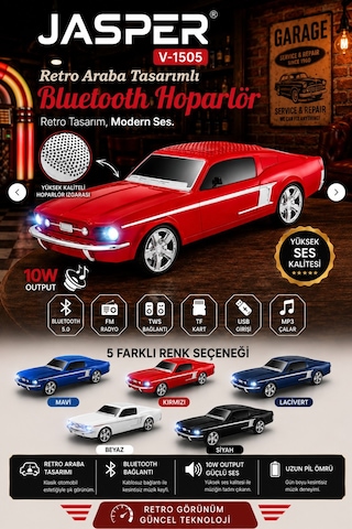 Jasper Jpr-1505 Kırmızı 10w Bluetooth Hoparlörlü Retro Araba Tasarım Fm Radyo, Usb, Tf Kart, Aux Ve Mp3 Ç