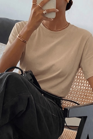 Genıus Store Kadın Tişört Gri Bisiklet Yaka Basic Tişört %100 Pamuk Rahat Kalıp T-shirt Basıc-kadın Bej