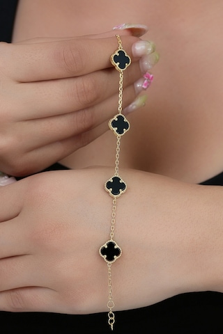 14k Altın Kaplamalı 925 Ayar Gümüş Granada Saray Yoncası Bileklik - Siyah 45103002 Altın