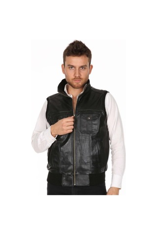 Hakiki Deri Siyah Jack Beli Lastikli Erkek Deri Yelek Siyah