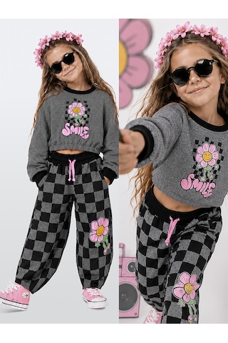 Kız Çocuk Eşofman Takım Crop Sweatshirt - Damalı Bol Eşofman Altı Oversize Kışlık (4-10 Yaş)