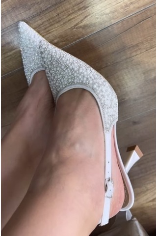 Feles Gelinlik Ayakkabısı Taş Detaylı Arkası Açık Stiletto Kadın Topuklu Ayakkabı Beyaz