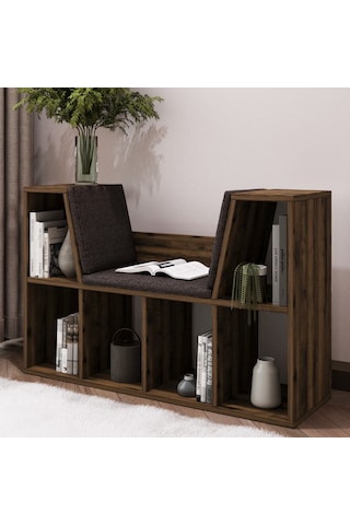 Livora Minderli Kitaplık - Oturma Alanlı 103 Cm Minimalist Tasarım Ceviz