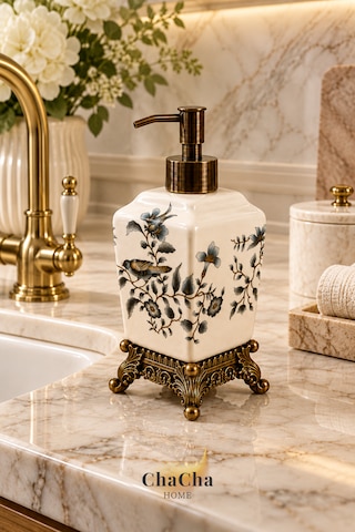 Chacha Home Aurelia Seramik Sıvı Sabunluk 470 Ml Antik Bronz Görünümlü Ayaklı Ve Pompalı 22 Cm Açık Gri