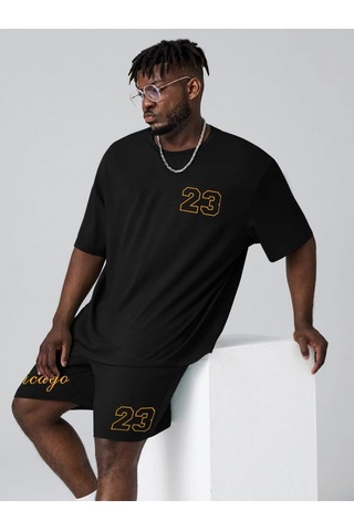 Unisex Oversize Chicago 23 Baskılı Siyah Bisiklet Yaka T-shirt Şort Siyah