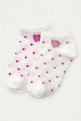 Cocole Socks Kız Bebek Patik Çorabı 2 Li Set Pamuklu Ekru Zemin Üzeri Fuşya Puantiye & Yaprak Desenl Çok Renkli