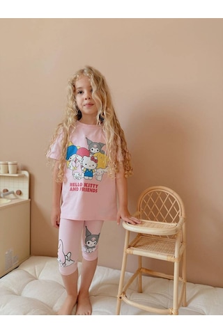 Kız Çocuk Kısa Taytlı Hello Kitty Kuromi Basklı Pamuk Takım Pembe