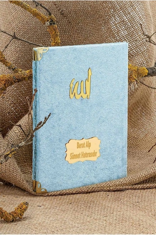 25 Adet - İsme Özel Kadife Kaplı Yasin Kitabı - Mevlüt Hediyesi - Çanta Boy - 128 Sayfa - Açıkmavi Açık Mavi