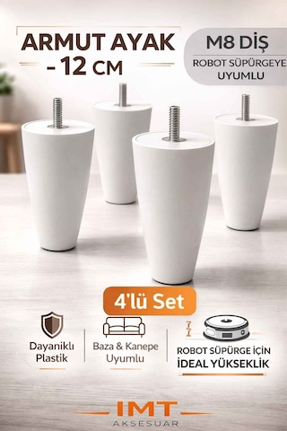 İmt Aksesuar Armut Mobilya Ayağı 4 Adet 12 Cm Beyaz Robot Süpürgeye Uyumlu Koltuk Kanepe Baza Ayağı Seti Beyaz