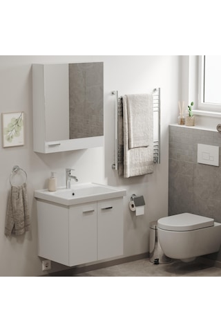 Aqua Bagno Basic Alt Dolap + Üst Dolap -lavabo Dahil-beyaz ,60 Cm. 3 Parça Beyaz