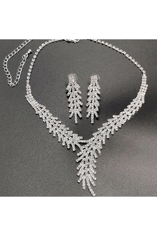 Ehediye Chavin Düğün Nişan Kına Damla Taşlı Kadın Kolye Küpe Set Eg89 Beyaz