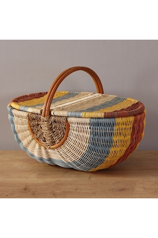Bohem Large Boy Renkli Piknik Sepeti, Brunch Sepeti, Dekoratif Sepet, Iskandinav, Modern, Rattan