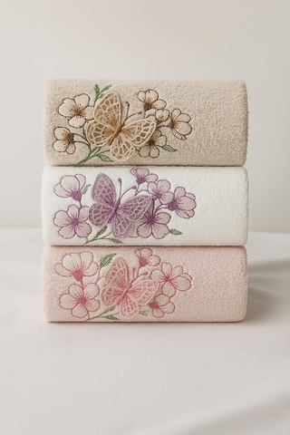 3'lü Lüks %100 Pamuklu Mutfak Havlusu Seti 3d Kelebek Aplikeli 30x50 Cm Çok Renkli