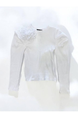 Kız Çocuk Kol Detaylı Çiçekli Fitilli Bluz-14802 Beyaz