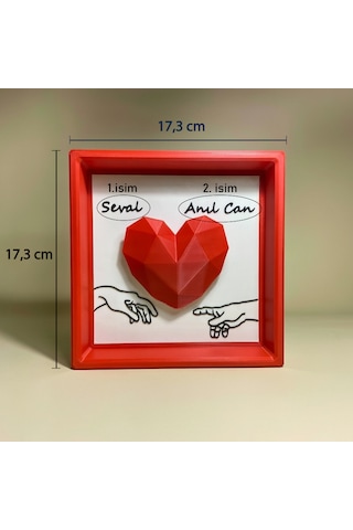 Kişiye Özel İsimli 3d Geometrik Kalp Panosu - Michelangelo Esintili Modern Çerçeve 17,3x17,3 Cm