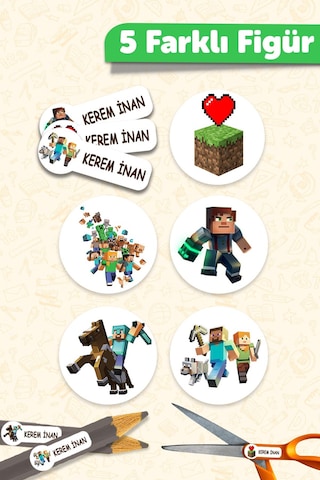 Okul Etiketi Kalem Defter İsimli Etiket Isim Yazılabilen Minecraft - 190 Adet Özel Yeni Tasarım
