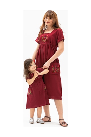 Kısa Kol Şile Bezi Melek Midi Boy Elbise Bordo Brd