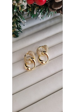 Pirinç Zirkon Taşlı Zincir Model Gold Renk Küpe Altın
