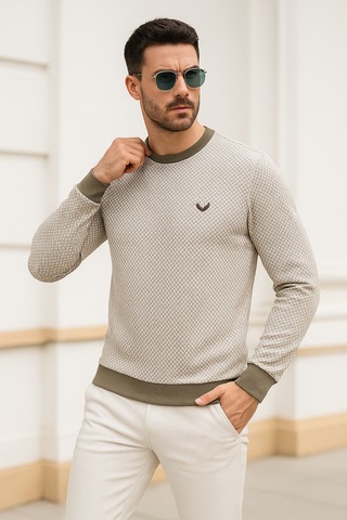 Rich Erkek Bej Kare Desenli Bisiklet Yaka Sweatshirt Bej