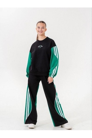 Kız Çocuk 2 İplik Şeritli Tasarım Eşofman Takım-14226 Siyah