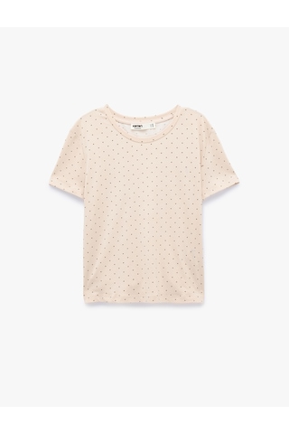 Koton Rahat Kalıp Bisiklet Yaka Kısa Kollu Puantiyeli Pijama Üstü Beyaz Desenli 7wlk40107mk