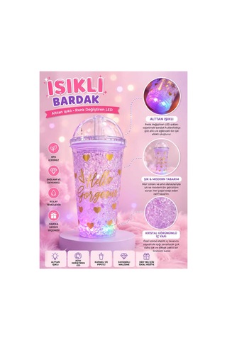 Led Işıklı,pipetli ,simli Pullu Desenli Çocuklara Sevimli İçeçek Bardağı Mor Kalp Mor Kalp