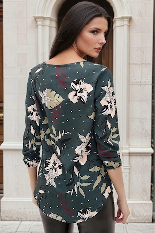 WeShaya Petrol Yeşili, Floral Desenli, Lastikli Uzun Kol, Bluz Petrol