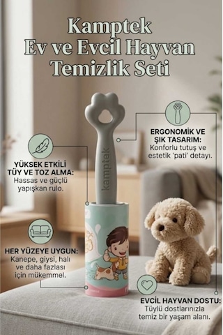 Kamptek Patili Kedi Köpek Tüy Toplama Rulosu - Yüksek Yapışkanlı Evcil Hayvan Tüy Temizleyici Roller + Kolay Soyulabilir Yapraklar 120 Yaprak 2 Adet