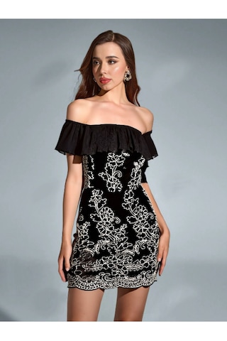 Fashion Cocktail Simli Dar Form Fırfırlı Düşük Omuz Mini Kokteyl Davet Özel Gün Abiye Elbise Siyah Siyah