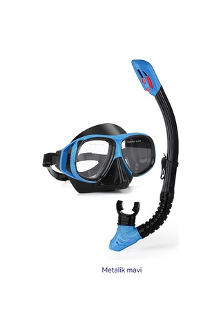 Profesyonel Şnorkel İki Parçalı Silikon Tam Kuru Şnorkel Büyük Çerçeve Sis Geçirmez Dalış Gözlüğü Seti Mavi