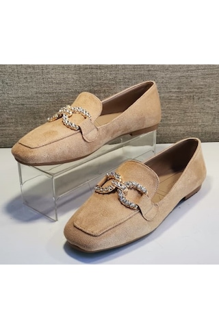 Aycan 1616 Kadın Süet Taşlı Babet Ayakkabı Süet Kum Bej