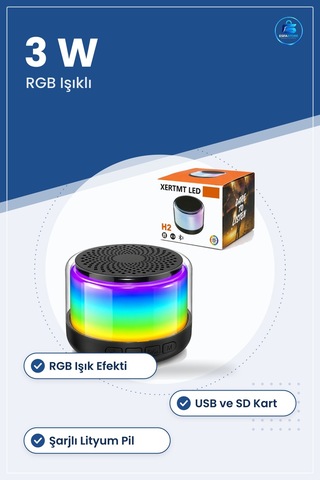 Bluetooth Hoparlör 3w Rgb Usb Sd Şarjlı Taşınabilir Işıklı Kablos