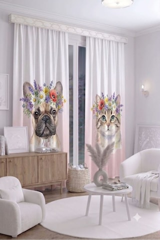Bebek Çocuk Odası Fon Perdesi 140x260 Cm 2 Kanat Sevimli Desenli Dekoratif Dijital Baskılı Premium Çocuk Odası Perdesi Bej