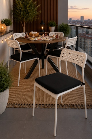 Çam 4 Kişilik Minderli Balkon Takımı, Balkon Masası, Balkon Sandalyesi, Yuvarlak Masa, Yemek Masası, Mutfak Masa Sandalye Takımı, 4 Sandalye 1 Masa Çam/siyah-beyaz