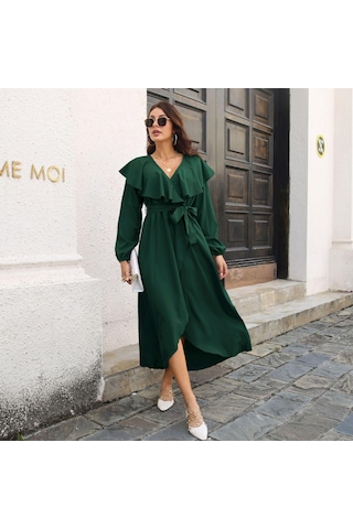 Gmxıa Kadın Moda Yaz Bahar Düz Renk Baskı Uzun Kollu V Yaka Yüksek Bel Günlük Elbiseler Yeşil